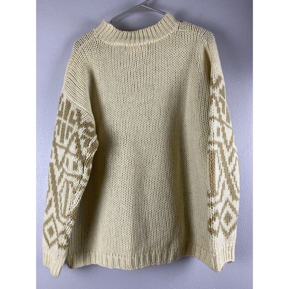 Vtg Jones NY Sz L 100% Hand-knitted Wool Fair Isle Geometric White Tan Sweater - Picture 3 of 9